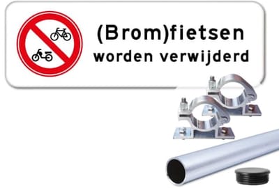 Bord (brom)fietsen worden verwijderd - Weerbestendig Aluminium - 40x15 cm - Bevestiging: Met paal 120 cm + paalbeugels + paaldop