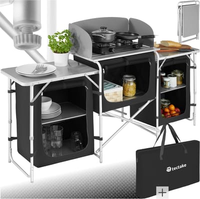 tectake® - Campingkeuken 172x52x104cm met 5 vakken - Opvouwbaar - Afsluitbare compartimenten - Stevige werkbladen - Incl. windscherm- zwart