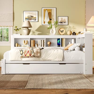 DESMIU Daybed 90x200 cm – Uitschuifbaar Slaapbed Met Stopcontact En 2 USB-Poorten – Zijvakken – Voor Woonkamer En Logeerkamer – Hout – Wit – Zonder Matras