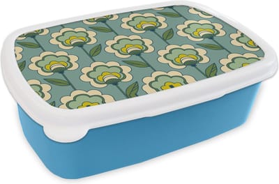 Broodtrommel Blauw - Lunchbox Retro - Design - Jaren 70 - Bloem - Brooddoos 18x12x6 cm - Brood lunch box - Broodtrommels voor kinderen en volwassenen