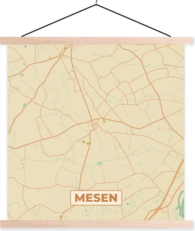 Posterhanger incl. Poster 40x40 cm - Schoolplaat - Kaart - Plattegrond - Mesen - Stadskaart - België - Textielposter - Blanke latten - Stadskaart