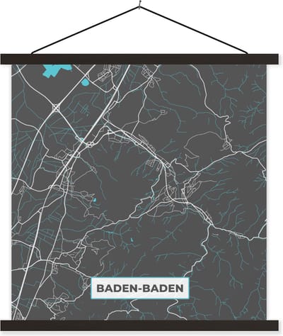 Posterhanger incl. Poster 60x60 cm - Schoolplaat - Baden Baden – Stadskaart – Blauw – Plattegrond – Stadskaart – Kaart - Duitsland - Textielposter - Zwarte latten - Stadskaart