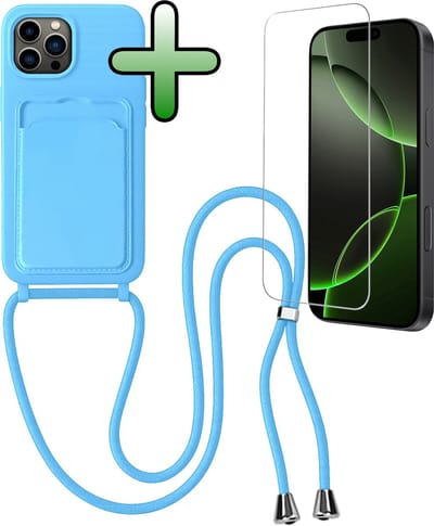 Hoes Geschikt voor iPhone 16 Pro Hoesje Pas Houder Case Hoes Met Koord Met Screenprotector - Hoesje Geschikt voor iPhone 16 Pro Hoes Met Telefoonkoord Pasjeshouder Cover - Lichtblauw