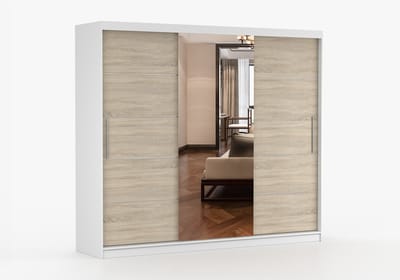 Schuifdeurkast ELBA I met Spiegel – 3-deurs kledingkast, legplanken en kledingroede – modern design – 250x218x61 cm - ELBA I (Wit + Sonoma)