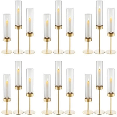 VEVOR 18-delige glazen cilinderset voor kaarsen, stormlantaarns 100x475mm, bodemloze kaarsenglazen met metalen kandelaars, windbestendige kaarsenhouderhoezen voor bruiloften, kerstfeesten en tafeldecoraties
