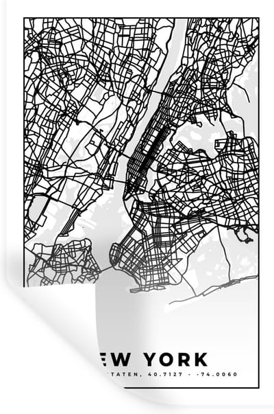 Muurstickers - Sticker Folie - New York - Stadskaart - Zwart Wit - Plattegrond - Kaart - 20x30 cm - Plakfolie - Muurstickers Kinderkamer - Zelfklevend Behang - Zelfklevend behangpapier - Stickerfolie