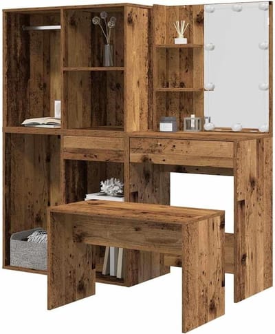 Make-uptafel met LED - Kaptafel met spiegel - Cosmetica organiseren - Verstelbare lichtkleuren - Meerlaags ontwerp - Antiek hout