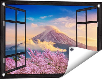 Gards Tuinposter Doorkijk Fuji Berg met Roze Bloesembomen - Bloemen - 60x40 cm - Tuindoek - Tuindecoratie - Wanddecoratie buiten - Tuinschilderij
