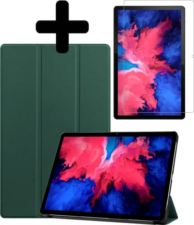 Hoes - Geschikt voor Lenovo Tab P11 - Met Screenprotector - Trifold Bookcase - Hard Cover - Hardcover Book Case - Tablet Hoesje - Donkergroen