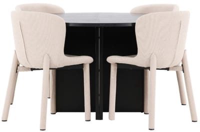 Strada eethoek uittrekbare tafel Ø120cm, 170cm en 4 stoelen zwart, beige.