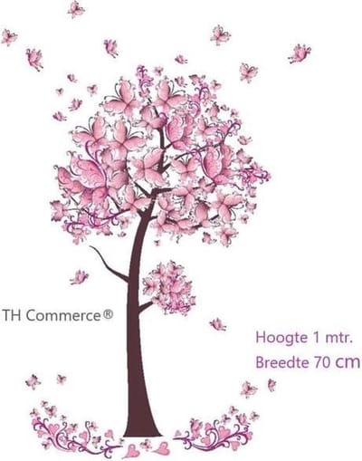 TH Commerce Muursticker boom met bloemen en Vlinders - Roze - Slaapkamer - kinderkamer - Baby - Wanddecoratie - Meisjes - nr 363