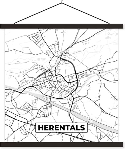 Posterhanger incl. Poster 60x60 cm - Schoolplaat - Zwart Wit – België – Plattegrond – Stadskaart – Kaart – Herentals - Textielposter - Zwarte latten - Stadskaart