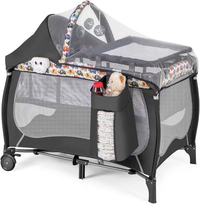 4-in-1 Draagbaar Babybed met Commode, Wieg en Luifel