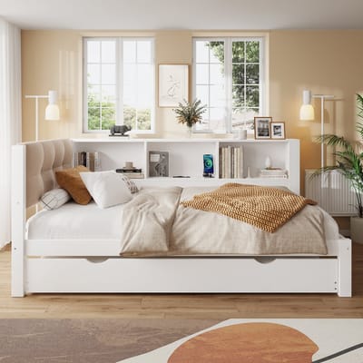 MEUNIQ Slaapbank 90x200 cm met uitschuifbed, 3 opbergvakken, dimbare LED-verlichting en USB-aansluiting, eenpersoons daybed voor slaapkamer of kinderkamer, wit