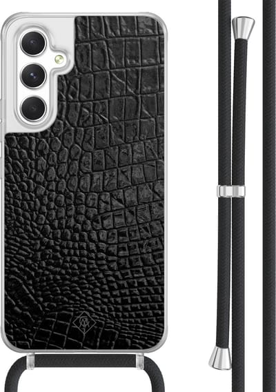 Casimoda® hoesje met koord - Geschikt voor Samsung A54 - Croco Zwart - Afneembaar koord - TPU/acryl - Zwart