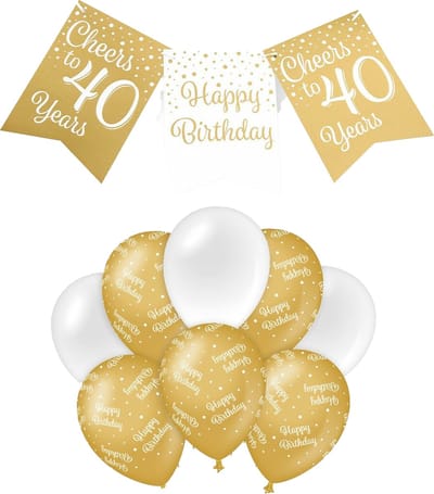 Paperdreams Luxe 40 jaar/Happy Birthday feestversiering set - Ballonnen & vlaggenlijnen - wit/goud