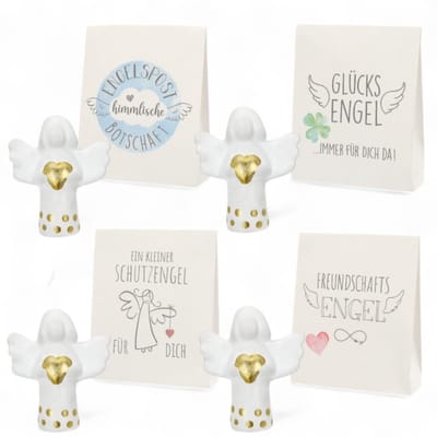 Dailygoods- Beschermengel Set van 4 - Mini Engel ca. 5 cm - Geluksbrenger - Vriendschapsengel - Engelspost - Hoogwaardig polyhars met gouden hart - Geluksengel