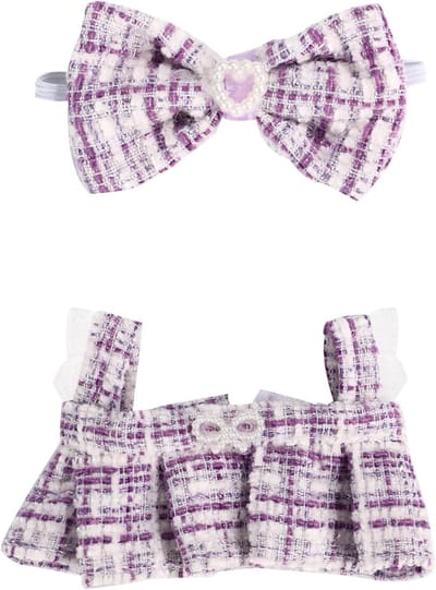 Set van 2 Elegante 17cm Popjurken met Mouwloos Tweed Ontwerp en Strik Haarband - Perfecte Outfits en Accessoires voor Poppenliefhebbers (Paars)