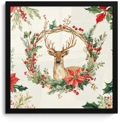 Poster in lijst - Fotolijst 40x40 cm - Posters - Kerstkrans - Hert - Hulst - Rood - Posterlijst zwart - Decoratie - Wanddecoratie woonkamer - Muurdecoratie slaapkamer - Kerstversiering - Kerstdecoratie voor binnen - Kerstmis