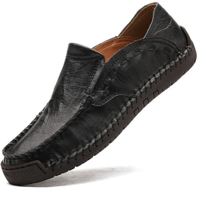 Lente en Herfst Nieuwe Casual Leren Schoenen Heren Echt Leer Instappers Heren Rijschoenen Zacht Leer Zachte Zool plus Maat Herenschoenen Trend 48 black