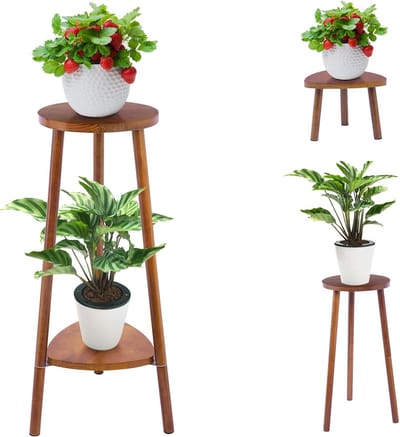 Famanu - Houten bloemenstandaard, 2-traps plantenrek, eenvoudig te monteren, voor binnen en buiten