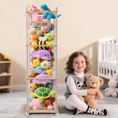 Pluche Opbergmeubel - Speelgoed Organizer - Kinderkamer Inrichting - Wielen met Rem - 138 x 41 x 41 cm