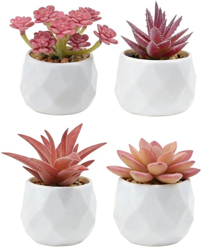 Dailygoods - Kunstvetplantenset - 4 Roze Kunstplanten in Keramische Pot
