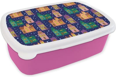 Broodtrommel Roze - Lunchbox - Brooddoos - Winter - Patroon - Huis - 18x12x6 cm - Kinderen - Meisje