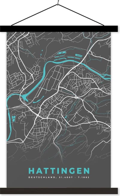 Posterhanger incl. Poster 40x60 cm - Schoolplaat - Hattingen – Stadskaart – Blauw – Plattegrond – Stadskaart – Kaart - Duitsland - Textielposter - Zwarte latten - Stadskaart