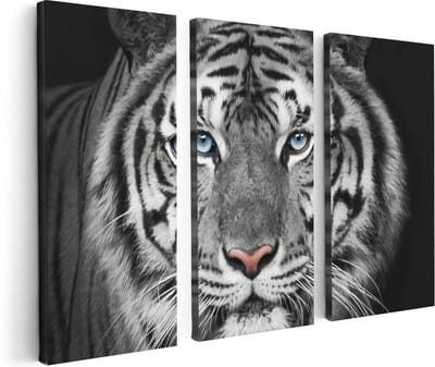Artaza Canvas Schilderij Drieluik Tijgerkop Met Blauwe Ogen - Zwart Wit - 120x80 cm - Wanddecoratie Woonkamer - Schilderijen - Muurdecoratie