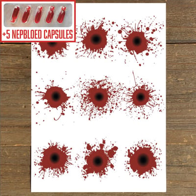 GetGlitterBaby® - Tattoo + Nep Bloed Capsules / Halloween Horror Decoratie Versiering Schotwonden / Carnaval Schmink Make Up Plak Tattoos / Tijdelijke Tattoo / Nep Tatoeage + Vloeibaar Dik Rood Nepbloed / Nep Wond / Fake Kunst Blood - 5 Capsules