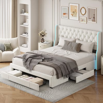 Beige Fluwelen Bed 160x200 cm met 3 Laden en LED Hoofdeinde – Tweepersoonsbed met Metaal Lades voor Slaapkamer