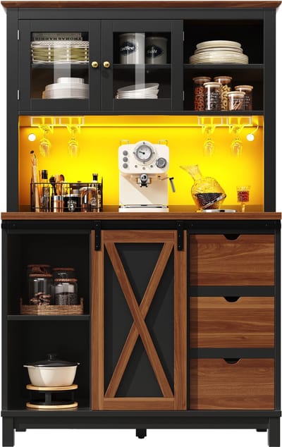 Hoge Kast - Modern - App-Bediening en LED - Schuifdeur en 3 Lades - Hout - Zwart