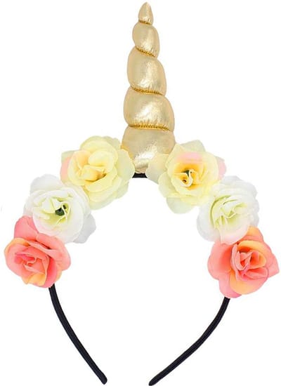 KIMU® Bloemen Eenhoorn Haarband Goud - Unicorn Diadeem Gouden Hoorn Metallic - Bloemetjes Roze Wit Geel Festival