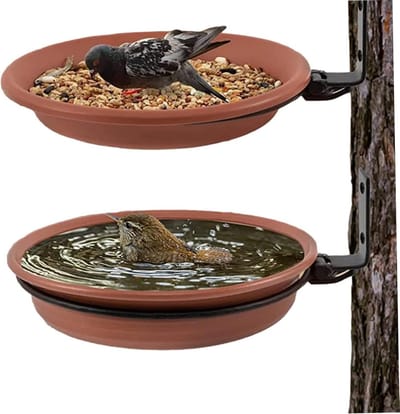 2-Stuks Vogelbadbak - Vogelbadbak voor in de tuin - Drinkbak voor vogels - Badbak voor wilde vogels voor buiten - Voerbak voor vogels - Waterbak - Kan worden geïnstalleerd op houten schuttingen, bomen, terrassen- Bruin
