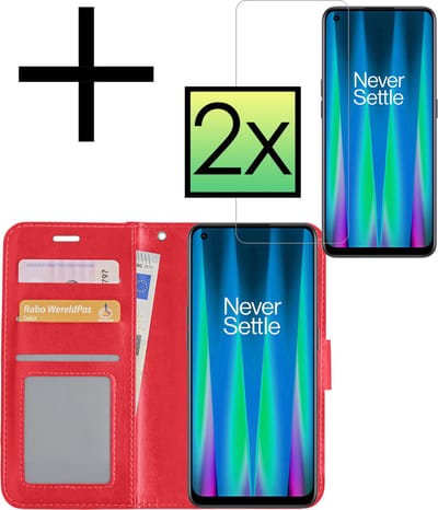 Hoesje - Met 2x Screenprotector - Geschikt voor OnePlus Nord CE 2 - Luxe Pasjeshouder - Bookcase Portemonee - Flip Case - Kunstleer Book Case - Flipcase Hoes - Book Cover - Walletcase - Portemonneehoes - Rood