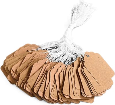 100 x Prijskaartjes Hang Tags met Touwtje - 25 x 15mm - Vintage Prijs Kaartjes - Etiket - Prijslabel - Hangtag - Tags - Bruin - Kaki - Handig om kleine producten mee te labellen -