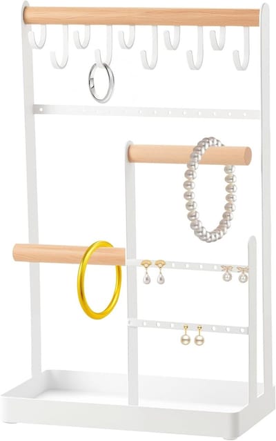 Sieradenstandaard met 16 Ogen en 10 Haken - Organisator voor Oorbellen, Kettingen en Armbanden - Wit 20 x 32 x 10 cm Sieradenopslag en Hanger