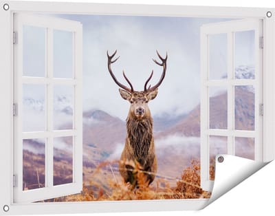 Gards Tuinposter Doorkijk Hert in de Bergen - 90x60 cm - Tuindoek - Tuindecoratie - Wanddecoratie buiten - Tuinschilderij