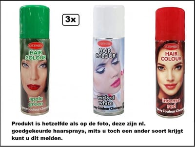 3x Haarverf/haarspray rood/wit/groen 125 ml - Intense red/ wicked white / apple green - Word bezorgd in doos ivm beschadiging - Festival thema feest carnaval haar kleurspray party
