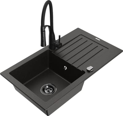 Mexen Pablo granieten spoelbak 1-komorige met afdruiprek en keukenmengkraan Aster, zwart/goud metallic - 6510-75-73450-70-B