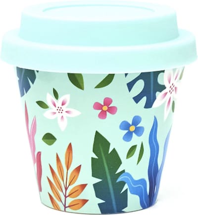 Quy Cup - 90ml Ecologische Reis Beker - Espressobeker “Flower” met Blauw Siliconen deksel