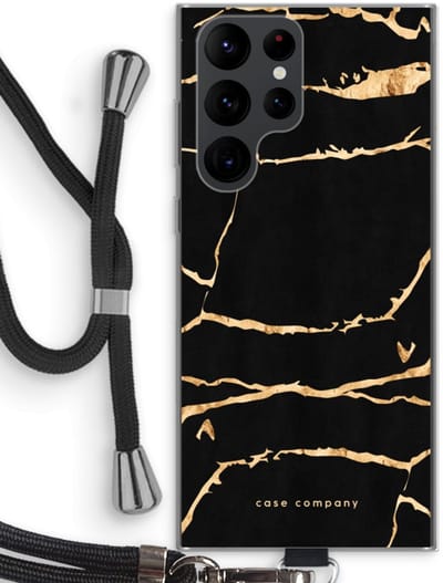 Case Company® - Hoesje met koord geschikt voor Samsung Galaxy S22 Ultra hoesje met Koord - Gouden marmer - Telefoonhoesje met Zwart Koord - Bescherming aan alle Kanten en Over de Schermrand