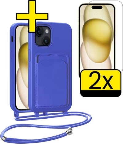 Hoesje Geschikt voor iPhone 15 Plus Telefoonhoesje Met Koord Case Pashouder Met 2x Screenprotector Siliconen - Hoes Geschikt voor iPhone 15 Plus Hoesje Met Kaarthouder - Felblauw