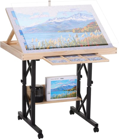 FUNTOK Puzzeltafel 1500 Stukjes met Wielen – In Hoogte & Kantelbaar – Puzzelbord met 2 Opberglades, Transparante Afdekplaat en Stabiel Stalen Onderstel