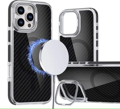 Magsafe Hoesje Geschikt voor iPhone 16 Pro Max hoesje Heavy Duty Carbon Case Zwart met Versterkte Zijkanten, MagSafe en Camera Kickstand