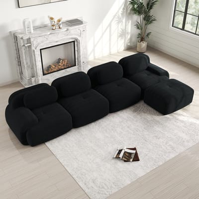 L-Bank, 4-Zitsbank, 4-zits Hoekbank met 32D zeer Elastische Vulling, Frameloze Bank, Antislip, met Chaise Longue, Extra Brede Armleuningen, Vrij Combineerbaar, Geen Montage Nodig voor Kantoor, Woonkamer en Thuisbioscoop,Zwart