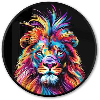 Poster in lijst Rond - Fotolijst 60x60 cm - Posters - Leeuwen - Kleurrijk - Zwart - Dieren - Ronde posterlijst zwart - Decoratie - Wanddecoratie woonkamer - Muurdecoratie slaapkamer
