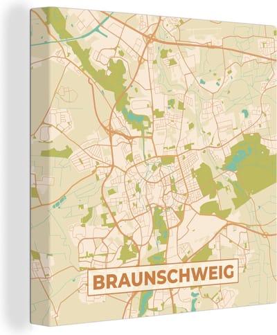 Canvas Schilderij Braunschweg - Plattegrond - Kaart - Vintage - Stadskaart - 20x20 cm - Wanddecoratie