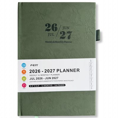 Feiy Green Agenda - 2026-2027 - A5 formaat Schoolagenda - 1 week op 2 pagina's - Harde kaft - Met Elastiek